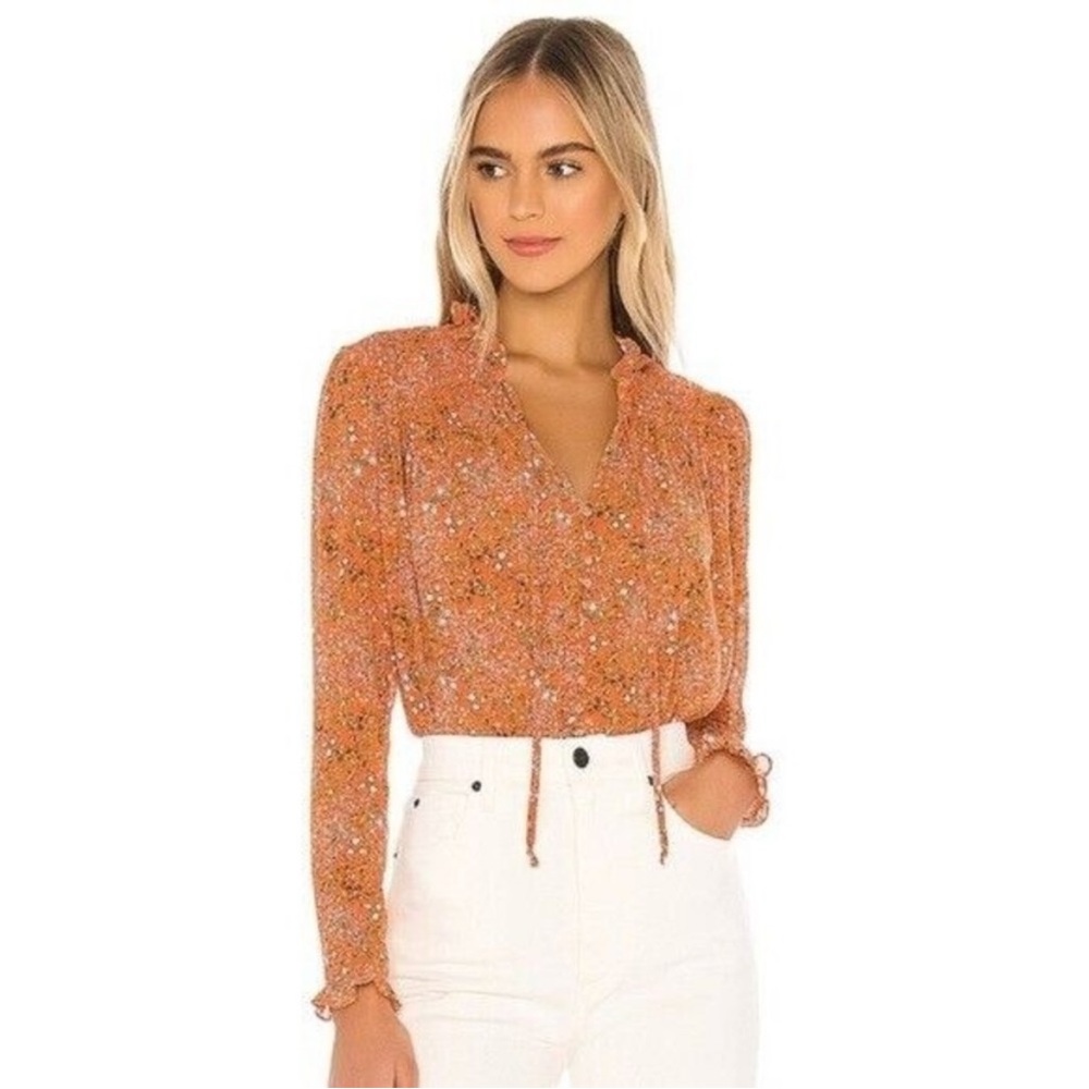 Free People X Revolve Lela Floral Smocked Ruffle Blouse L Orange Cottagecore